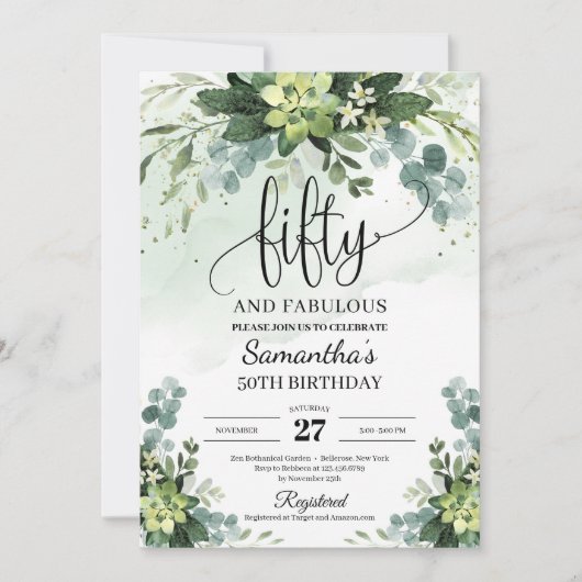 Invitation Fleurs vertes succulentes feuilles 50e anniversair (Devant)