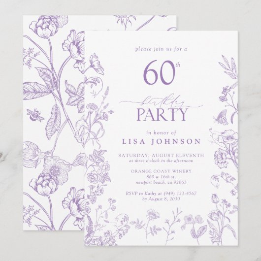 Invitation Fleurs victoriennes 60e anniversaire fête Lilac Sc (Devant / Derrière)