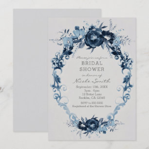 Invitation Fleurs Vintage Bleues Élégante Fête de Mariage Flo