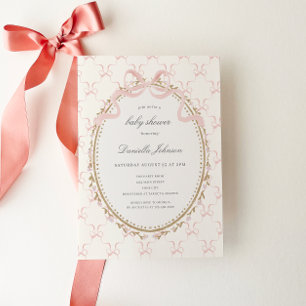 Invitation Fleurs Vintage Rose Rubans Baby Shower Fille