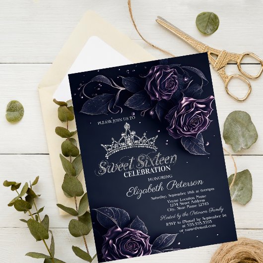 Invitation Fleurs vintages Damas Dark Gothic Sweet 16