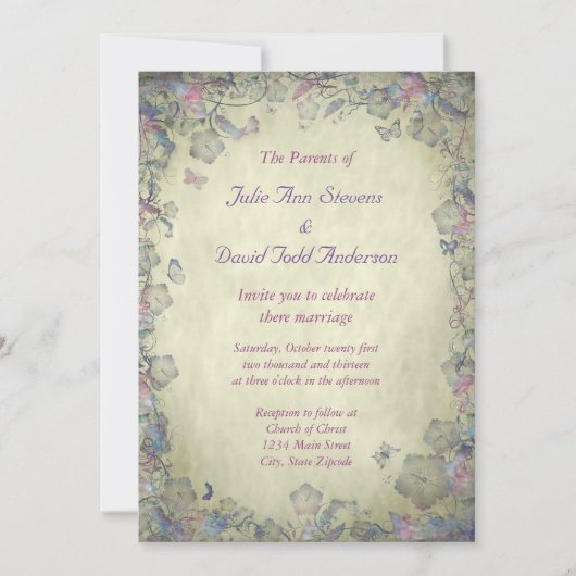 Invitation Fleurs vintages et Mariage de papillon (Devant)