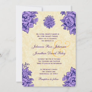 Invitation Fleurs Vintages violet et or Mariage V34
