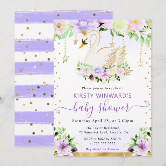 Invitation Fleurs violet et crème à l'aquarelle Bain de bébé (Devant / Derrière)