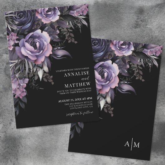 Invitation Fleurs Violet Foncé Mariage Noir
