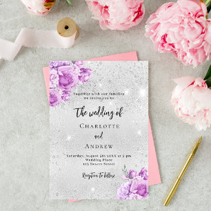 Invitation Fleurs violet rose argent mariage de luxe
