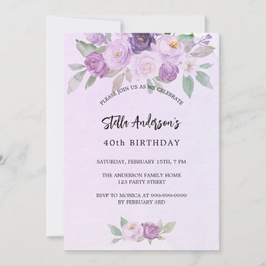 Invitation Fleurs violet verdure anniversaire de luxe (Devant)