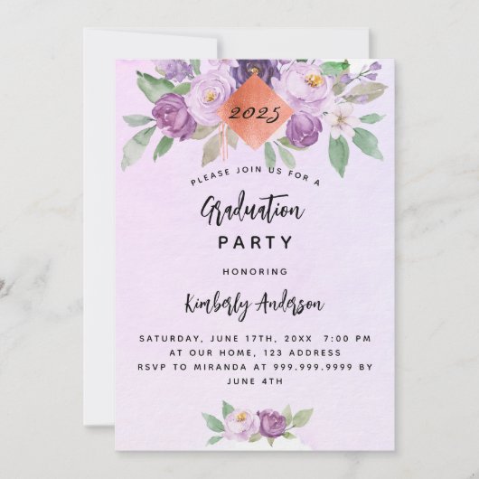 Invitation Fleurs violet violet fête de graduation luxe (Devant)