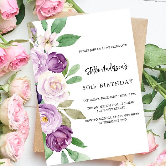 Invitation Fleurs violet violet violet luxueux anniversaire
