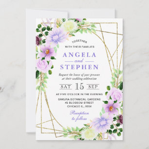 Invitation Fleurs violettes aquarelle cadre doré mariage