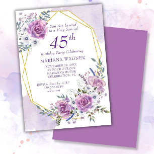 Invitation Fleurs violettes aquarelles élégantes 45e annivers