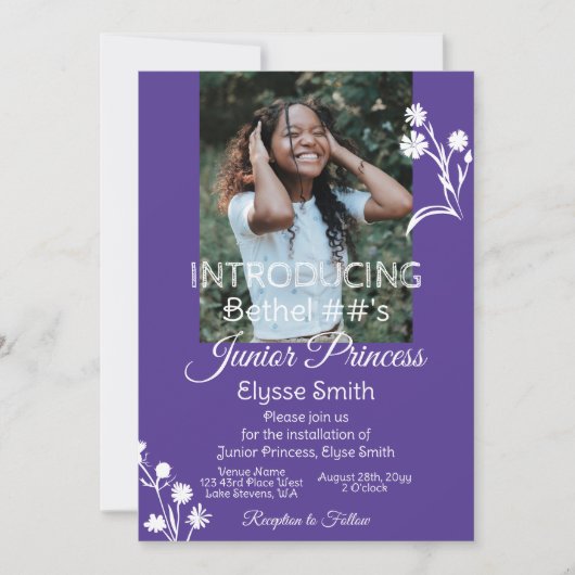 Invitation Fleurs violettes, blanches et princesse Pois (Devant)