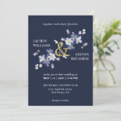 Invitation Fleurs violettes bleu foncé personnalisées Mariage (Debout devant)