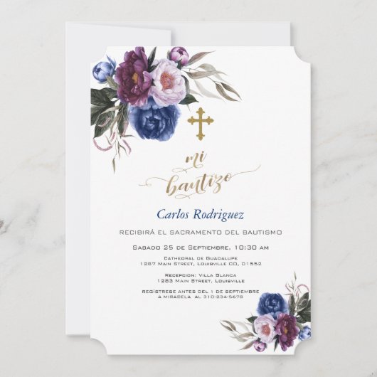 Invitation Fleurs violettes bleu marine moderne Boy Mi Bautiz (Devant)