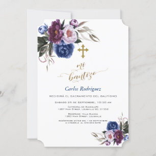 Invitation Fleurs violettes bleu marine moderne Boy Mi Bautiz