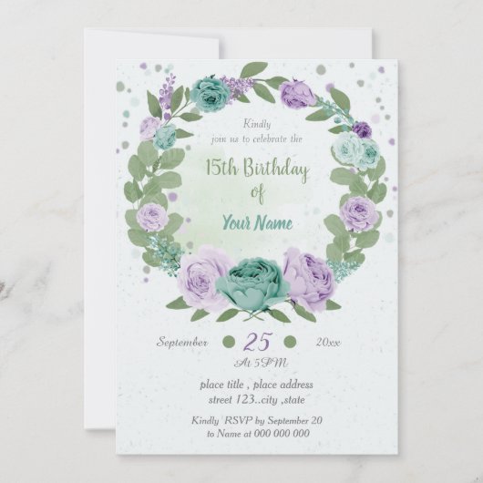 Invitation fleurs violettes bleues verdure couronne anniversa (Devant)