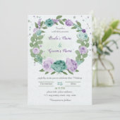 Invitation fleurs violettes bleues verdure couronne mariage (Debout devant)