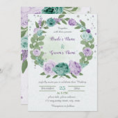 Invitation fleurs violettes bleues verdure couronne mariage (Devant / Derrière)