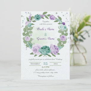 Invitation fleurs violettes bleues verdure couronne mariage