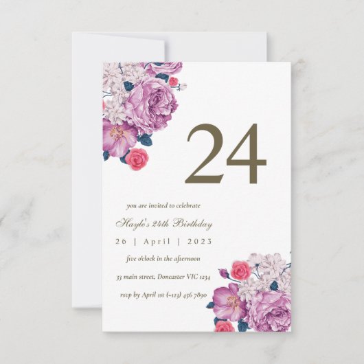Invitation Fleurs violettes botaniques simple chic 24e annive (Devant)