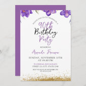 Invitation Fleurs violettes chic 90e anniversaire (Devant / Derrière)