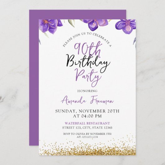 Invitation Fleurs violettes chic 90e anniversaire (Devant / Derrière)