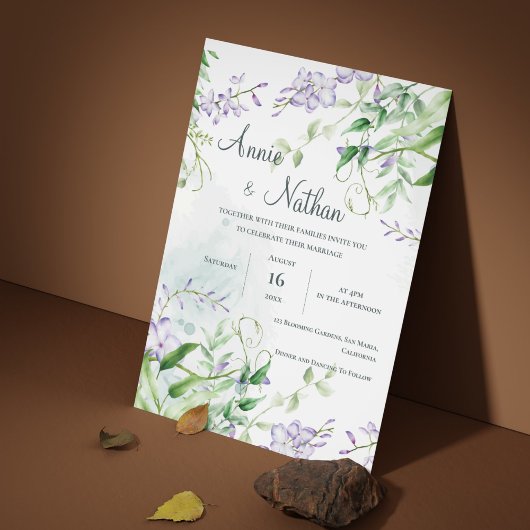 Invitation Fleurs violettes chic Feuilles verts Mariage flora