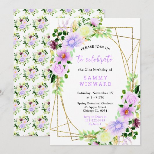 Invitation Fleurs violettes de printemps avec feuillage (Devant / Derrière)