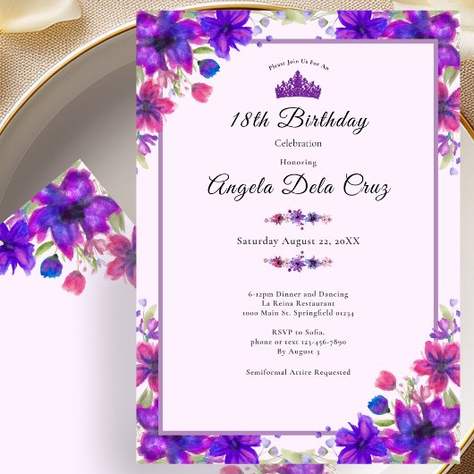 Invitation Fleurs Violettes Début 18e Anniversaire