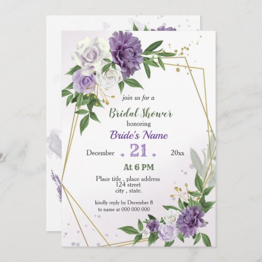 Invitation fleurs violettes & douche nuptiale feuille géométr (Devant / Derrière)