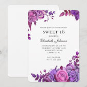 Invitation Fleurs violettes doux 16. 16ème anniversaire de fl (Devant / Derrière)