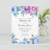 Invitation Fleurs violettes doux 16. Fleur bleue 16e annivers (Debout devant)