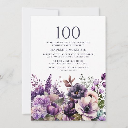 Invitation Fleurs Violettes Élégantes 100e Anniversaire (Devant)