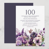 Invitation Fleurs Violettes Élégantes 100e Anniversaire (Devant / Derrière)