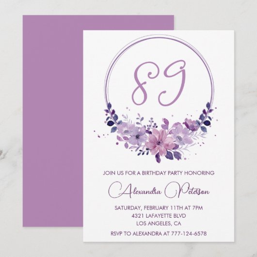 Invitation Fleurs violettes élégantes 89e anniversaire (Devant / Derrière)