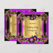 Invitation Fleurs violettes élégantes Gold Black Anniversaire (Devant / Derrière)