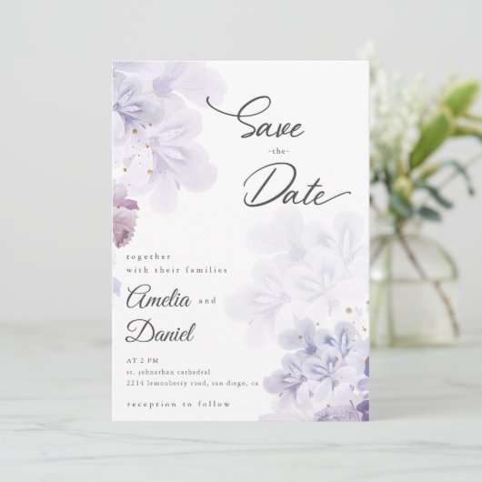 Invitation Fleurs violettes élégantes mariage Save the Date (Debout devant)
