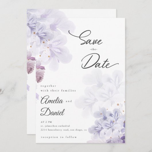 Invitation Fleurs violettes élégantes mariage Save the Date (Devant / Derrière)