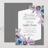 Invitation Fleurs violettes et bleues Fête des mariées gris (Devant / Derrière)