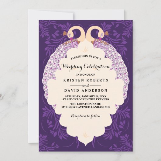 Invitation Fleurs violettes et cadre avec mariage paon (Devant)