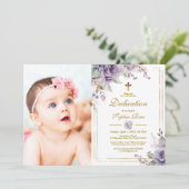 Invitation Fleurs violettes et cadre d'or Photo fille Dedicat (Debout devant)