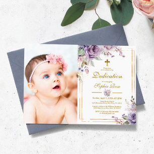 Invitation Fleurs violettes et cadre d'or Photo fille Dedicat