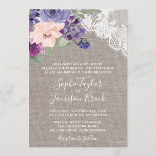 Invitation Fleurs violettes et dentelle Mariage officiel
