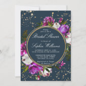 Invitation Fleurs violettes et Fête des mariées bleu marine (Devant)