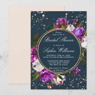 Invitation Fleurs violettes et Fête des mariées bleu marine