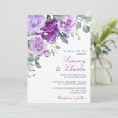Invitation Fleurs violettes et feuilles d'eucalyptus pour mar (Debout devant)