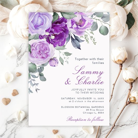 Invitation Fleurs violettes et feuilles d'eucalyptus pour mar