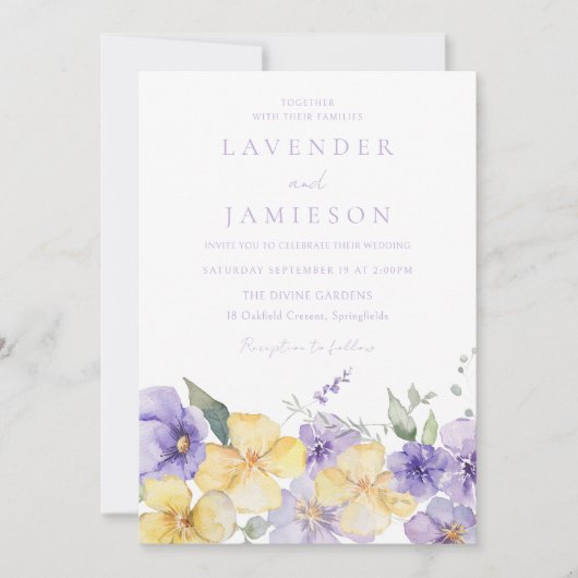 Invitation Fleurs violettes et jaunes Été Printemps Mariage (Devant)