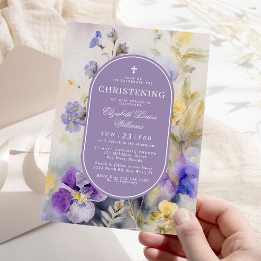 Invitation Fleurs violettes et jaunes rustiques Christening
