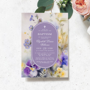 Invitation Fleurs violettes et jaunes rustiques Élégant Baptê
